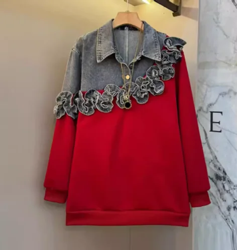 Sweat-shirt à manches longues en denim pour fille grande taille 2026, col rabattu, style industriel lourd, mode coréenne, ample, décontracté, personnalité, haut