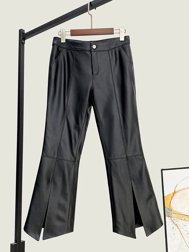 

Winter New Genuine Leather Pants Women's Low Waist Bootcut Trousers Fashionable All-Match Sheepskin Cropped