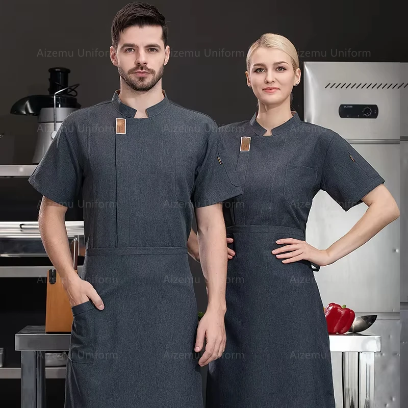 Men Chef short sleeve Jacket Breathable Chef coat Restaurant Kitchen black kitchen Chef uniform apron Summer work clothes logo