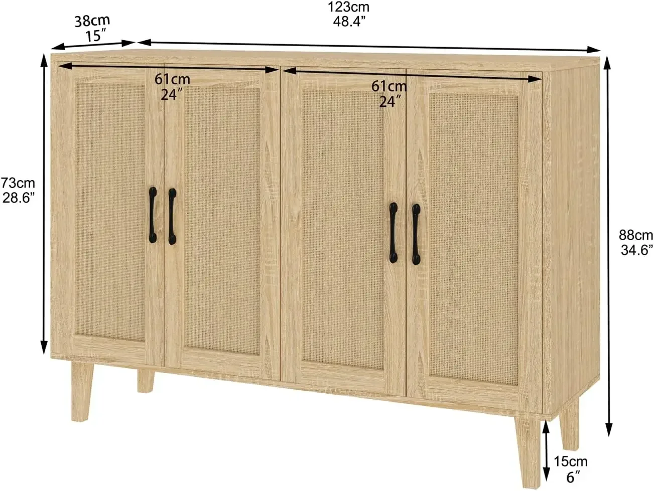 hot sale Buffet Storage Cabinet with Rattan Decorating 4 Doors Living Room Kitchen Sideboard