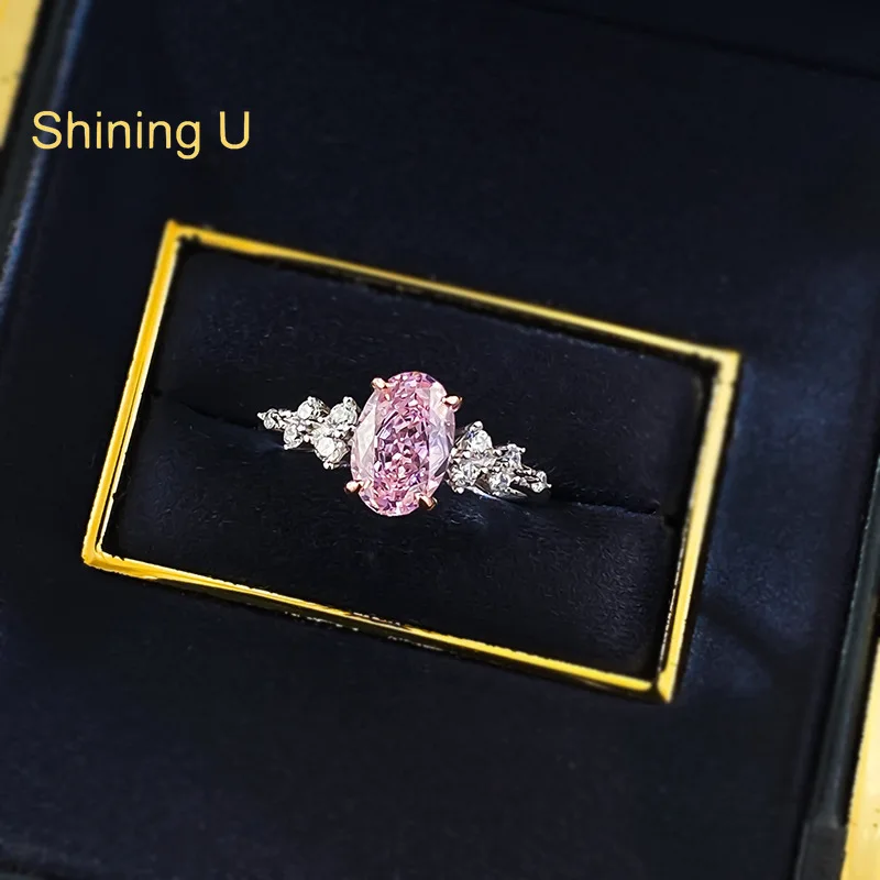 

Shining U 925 Sterling Silver 6*8mm Pink High Carbon Diamond Gems Ring for Women Wedding Engagement Fine Jewelry Spring