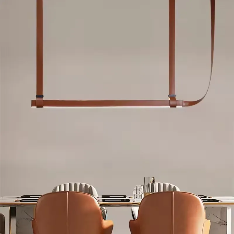 Scandinavian Long Linear Leather LED Pendant Light Modern Suspension Lamp for Kitchen Island Dining Room Office Minimalist Decor