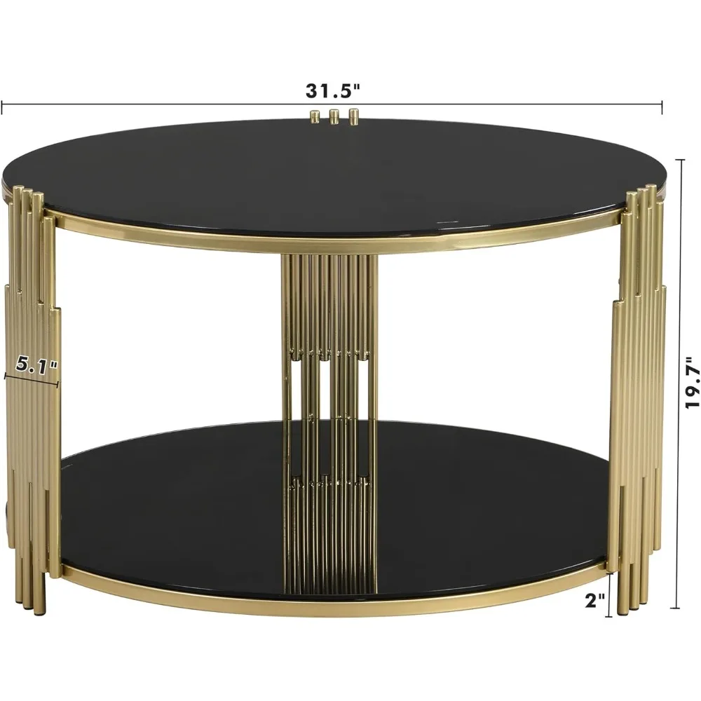 طاولة قهوة زجاجية مع مساحة تخزين، طاولة مركزية دائرية مع رف، طاولة قهوة مستديرة من طبقتين لغرفة المعيشة، مرآة سوداء حديثة