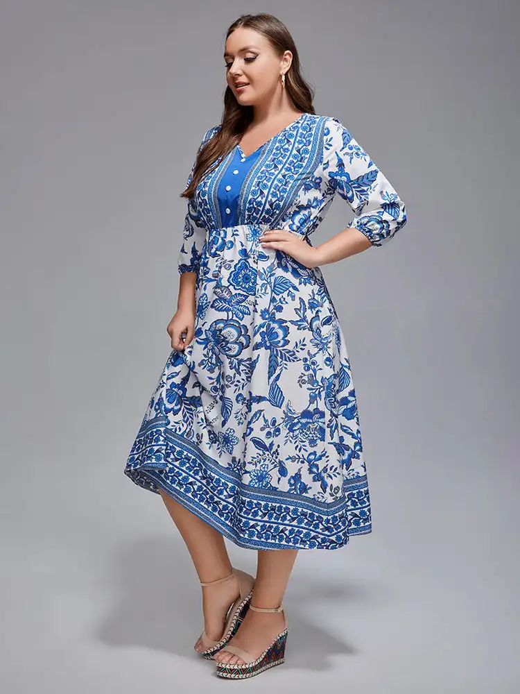 Odzież Plus size kwiatowy nadruk z dekoltem w szpic z rękawem Boho Midi sukienka moda damska elegancki guzik sukienka Vintage z przodu