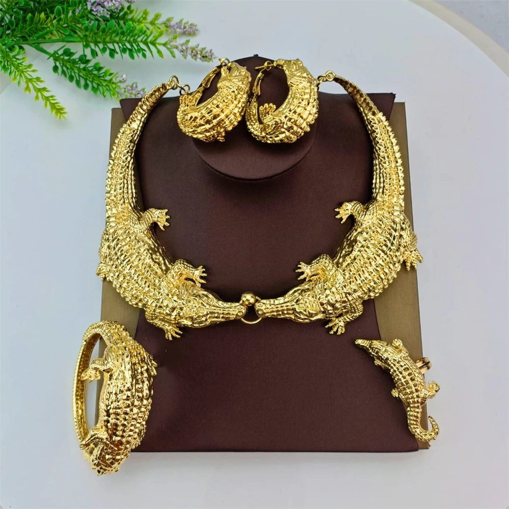 EMMA Crocodile Jewelry Set African Women Fashion Large Earrings Gold Plated Necklace Bracelet Wedding Bride Dubai Party Jewelry