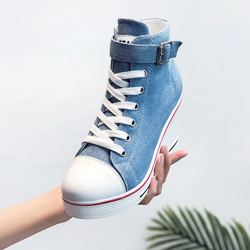 2024 Spring Women\'s Ultra Light High Top Canvas Shoes Hidden Invisible Heel Wedge Breathable Platform Side Zip Casual Sneakers