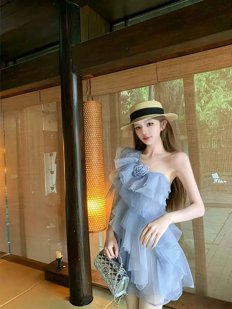 Elegant Pure Color Floral Print Halter Neck  Dress Women's Summer Cake Skirt Short Skirt Flounce Design Sensible 3D Flowers