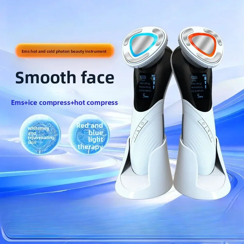 Hot and Cold Lifting and Firming Facial EMS Introducer, Red and Blue Light Skin Rejuvenation Cleansing Massager