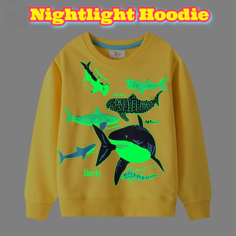 Felpa con cappuccio Glow The Dark Shark Pattern Youth Boys Autunno Abbigliamento casual Manica lunga Girocollo Top Abbigliamento da festa all'aperto