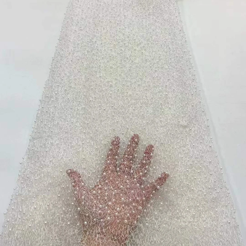 High Quality Bead Fabric Designer Custom Women Hollow White Pearl Lace Mesh Gauze Wedding Dress DIY Lace Clothing Accessories