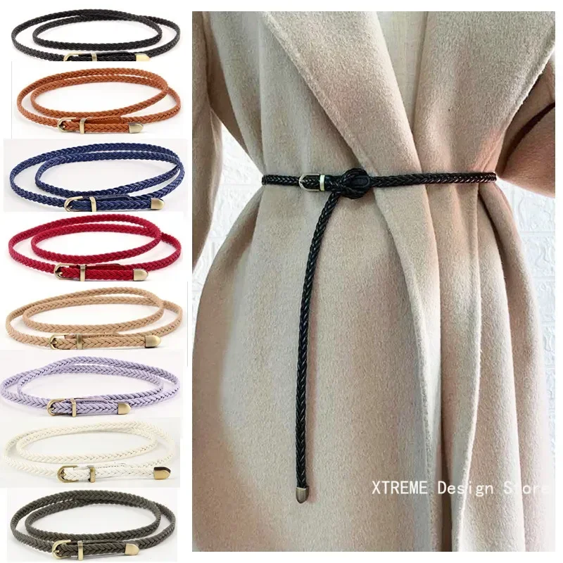 102CM Braided Leather Belt Women Thin Waist Belt Black Red White Pink Ladies Pu Leather Strap Pin Bucklet Female Belts