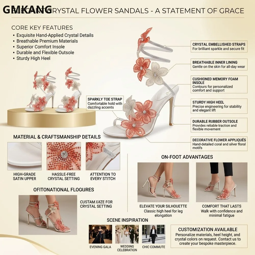 Women's Stiletto Heels Gladiator Sandals Summer Rhinestone Flower Ankle Wrap Wedding Party Dress Shoes Open Toe