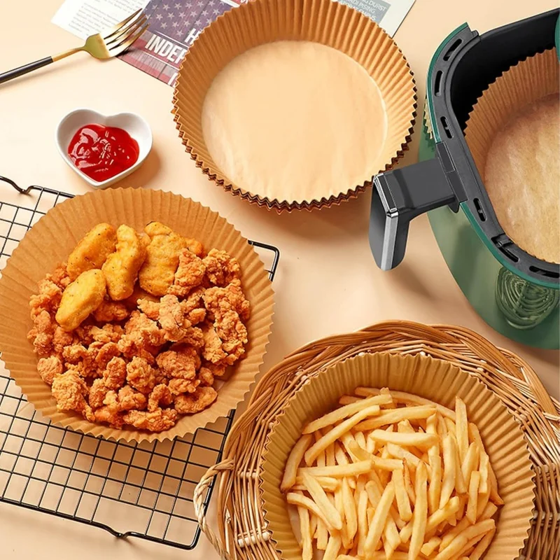 Pergamentpapier für Heißluftfritteusen – antihaftbeschichtete Einlagen in Lebensmittelqualität, vorgeschnittene runde Blätter für einfaches Reinigen, Ölabsorption, Wärmeaufbereitung