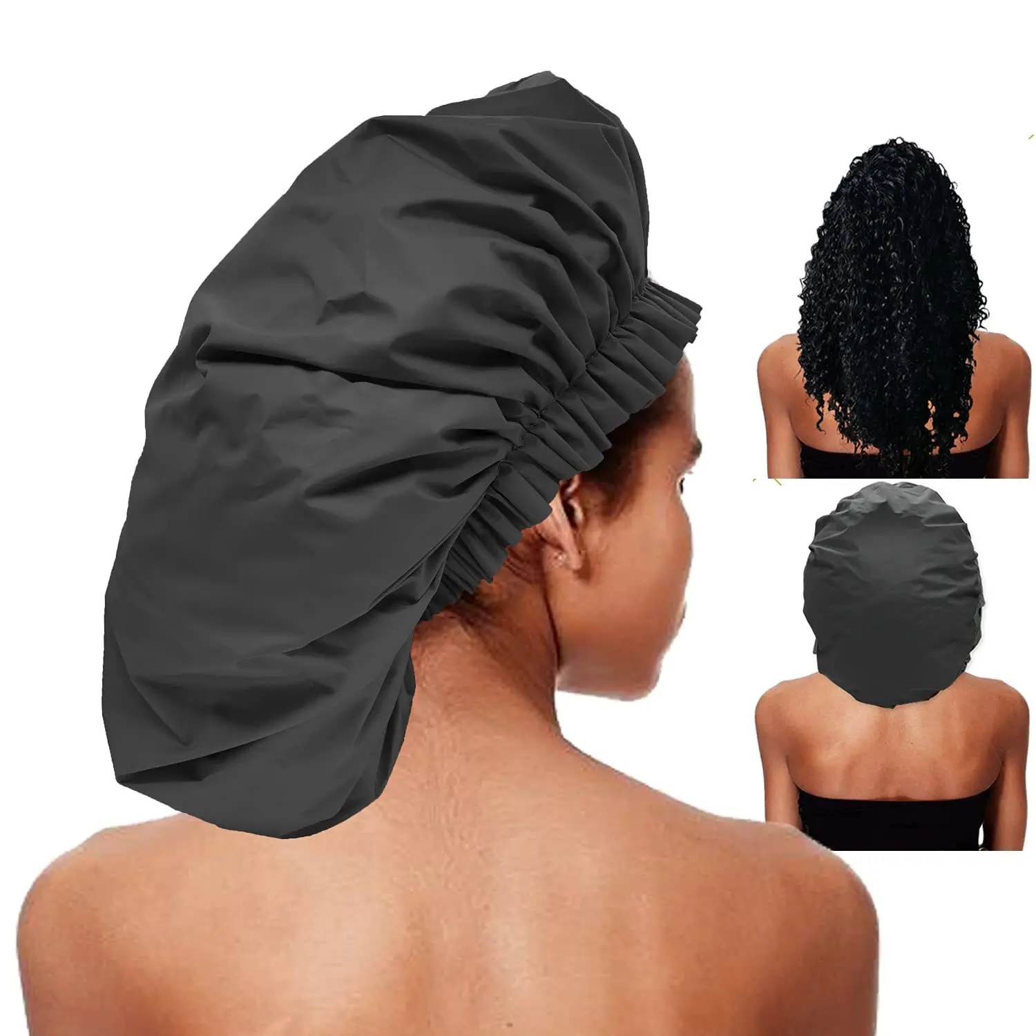 Black Waterproof Shower Cap Extra Large Women\'s Single Layer Eva Shower Cap Oil-baked Elastic Bathroom Cap Hood Hair Bonnet