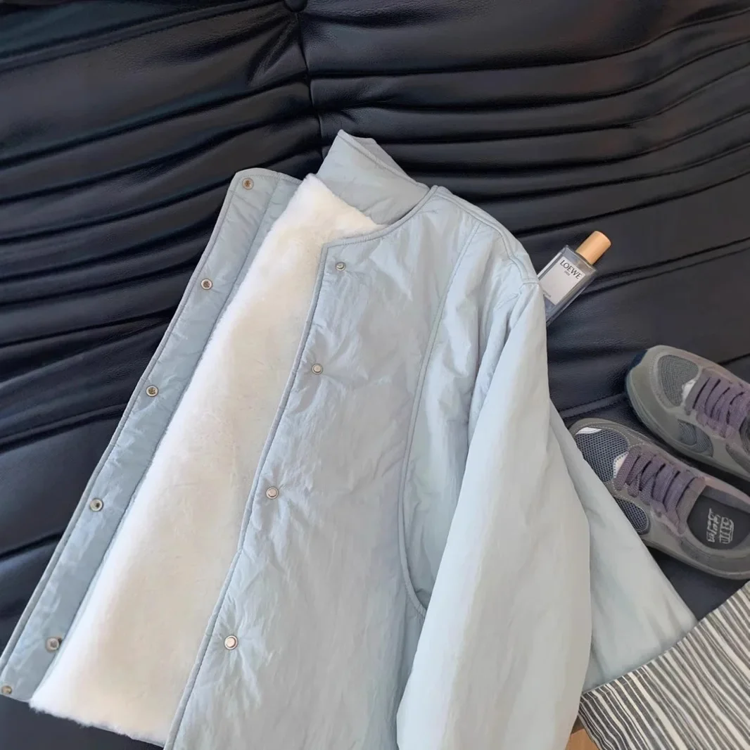 

Korean Style Light Blue Fleece Lined Cotton Jacket Short Lightweight Women's Warmth Casual Fashion Round Neck Non-removable Coat