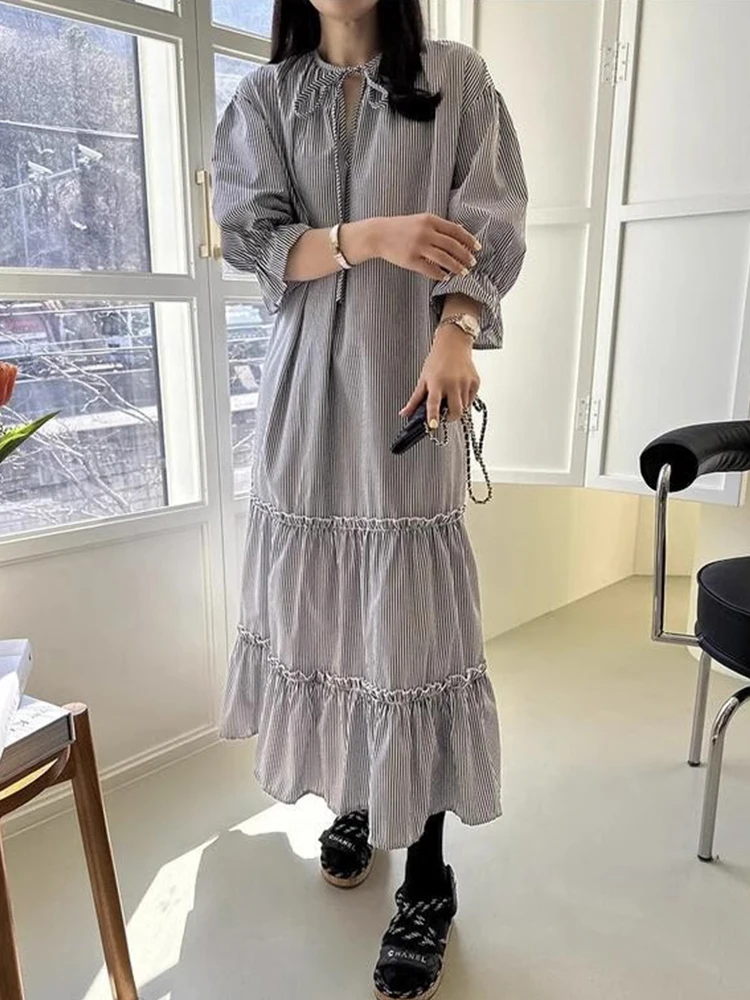 Chique vintage verão solto ajuste longo sve dr feminino ter ne amarrado dupla camada vestido de madeira coreano sle