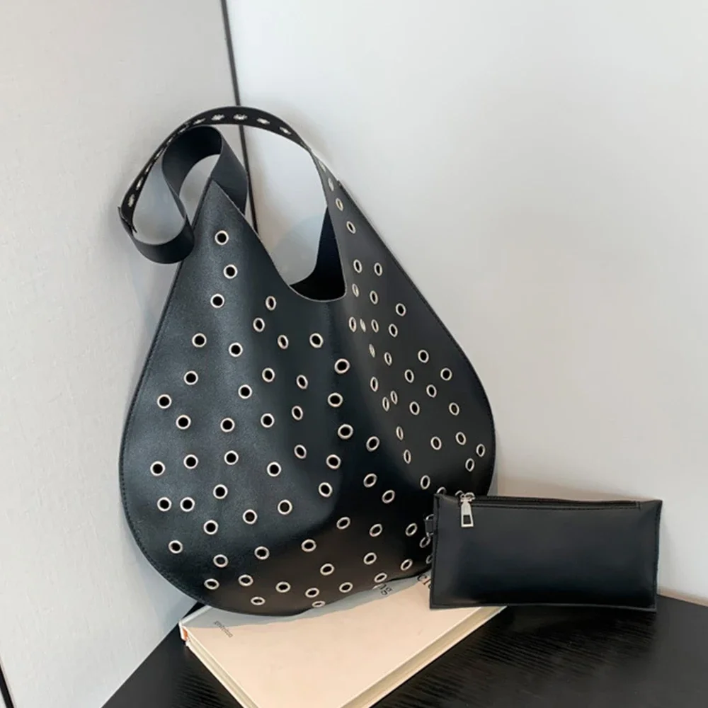 

Large Capacity Rivet Tote Bag Half Moon Hobos Women Shoulder Bag Luxury Hollow Handbags 2 Bags/set Shopper Composited Bags New