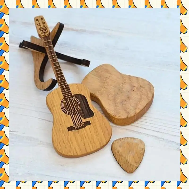 

ABYB Wooden Guitar Shaped Guitar Picks Holder Wooden Pick Box With Stand, Vintage Guitar Case For Selection