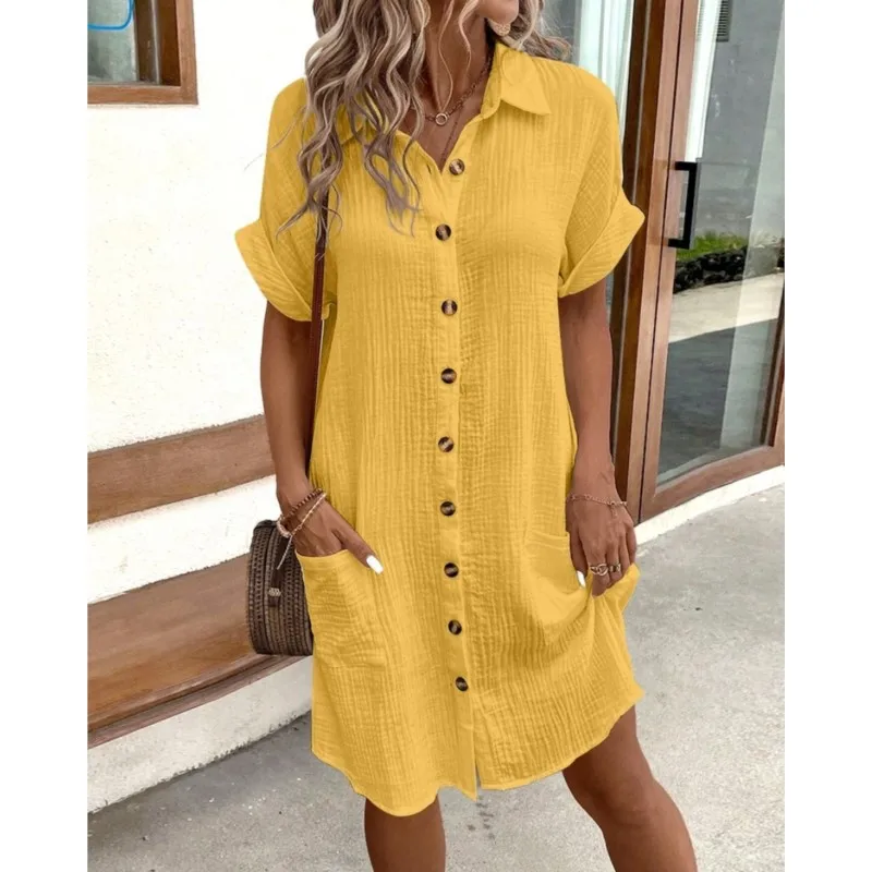 Abito camicia estivo solido da donna Semplice manica corta Colletto rovesciato Abiti larghi da donna eleganti casual monopetto
