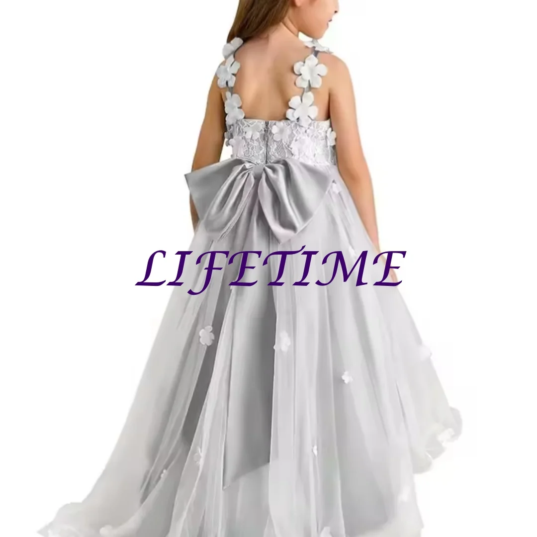 Abito da ragazza di fiori personalizzato personalizzato per matrimonio 2-14 bambini Abito da spettacolo principessa con cinturino per spaghetti alto e basso Applique 3D formale