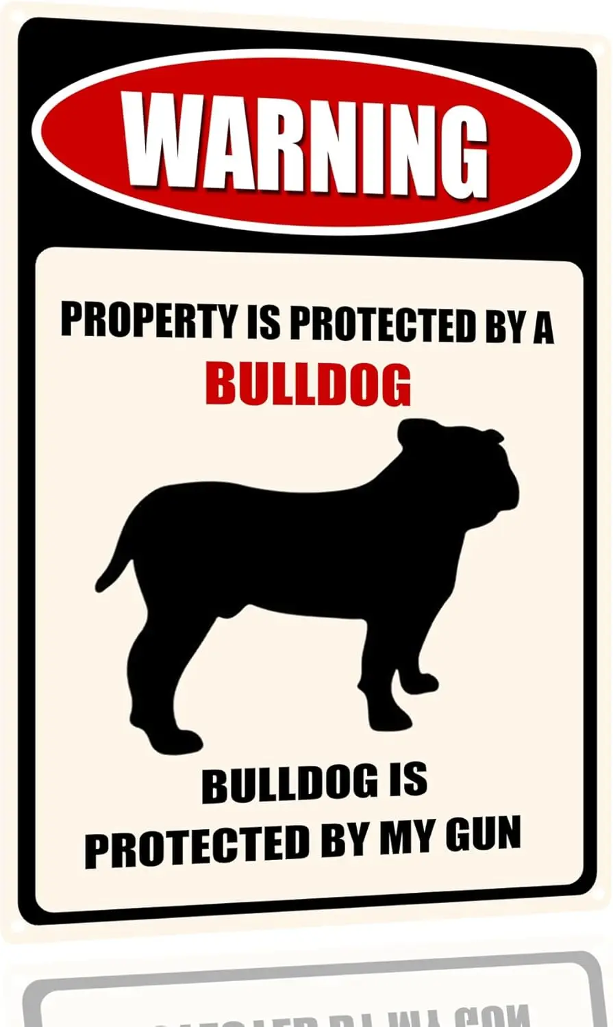 Funny Dog Warning Metal Tin Signs Wall Art Decor Property Is Protected By A Bulldog Sign For Home Gifts To Indoor And Outdoor Co