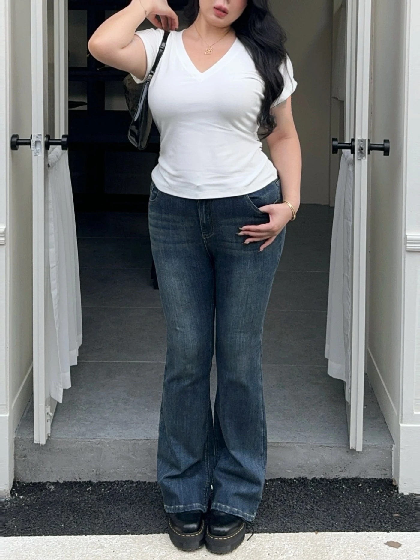 

Джинсы-клеш Boolibyoo в стиле ретро с высокой талией, темно-синие, корректирующие фигуру, удлиняющие ноги, женские, модные