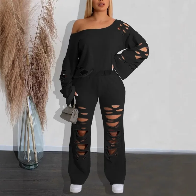 Ripped Distressed Hole Women 2‑Piece Outfit Loose Off‑Shoulder Sweatshirt Long Pants Fashion Casual Tracksuit