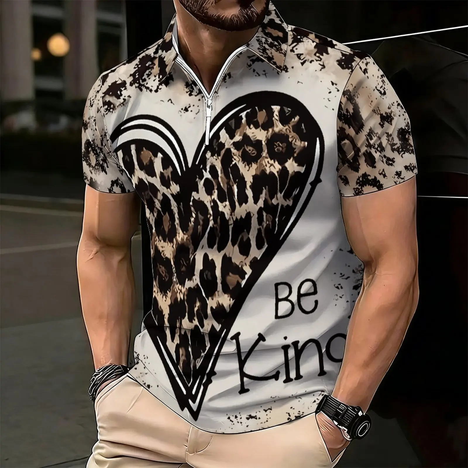 Men Print Half Zip Polo Shirt Short Sleeve Lapel Collar Casual Summer Mens Daily Tops