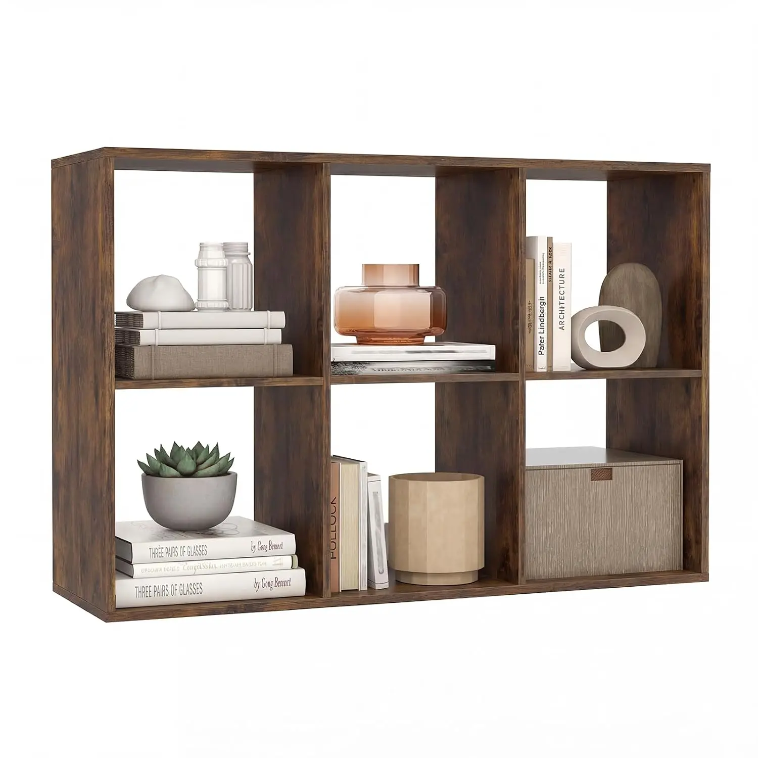 6-Cube Storage Organizer w/Guardrail & Anti-Tip Kit, 9-Tier Freestanding Display Rack for Living Room Bedroom, Rustic Brown, Cus