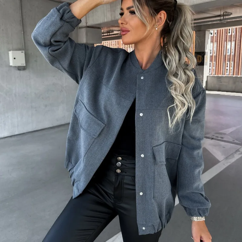 Elegante cappotto solido da donna bottone manica lunga tasca Bomber giacca donna primavera Casual allentato Streetwear cappotti Bomber