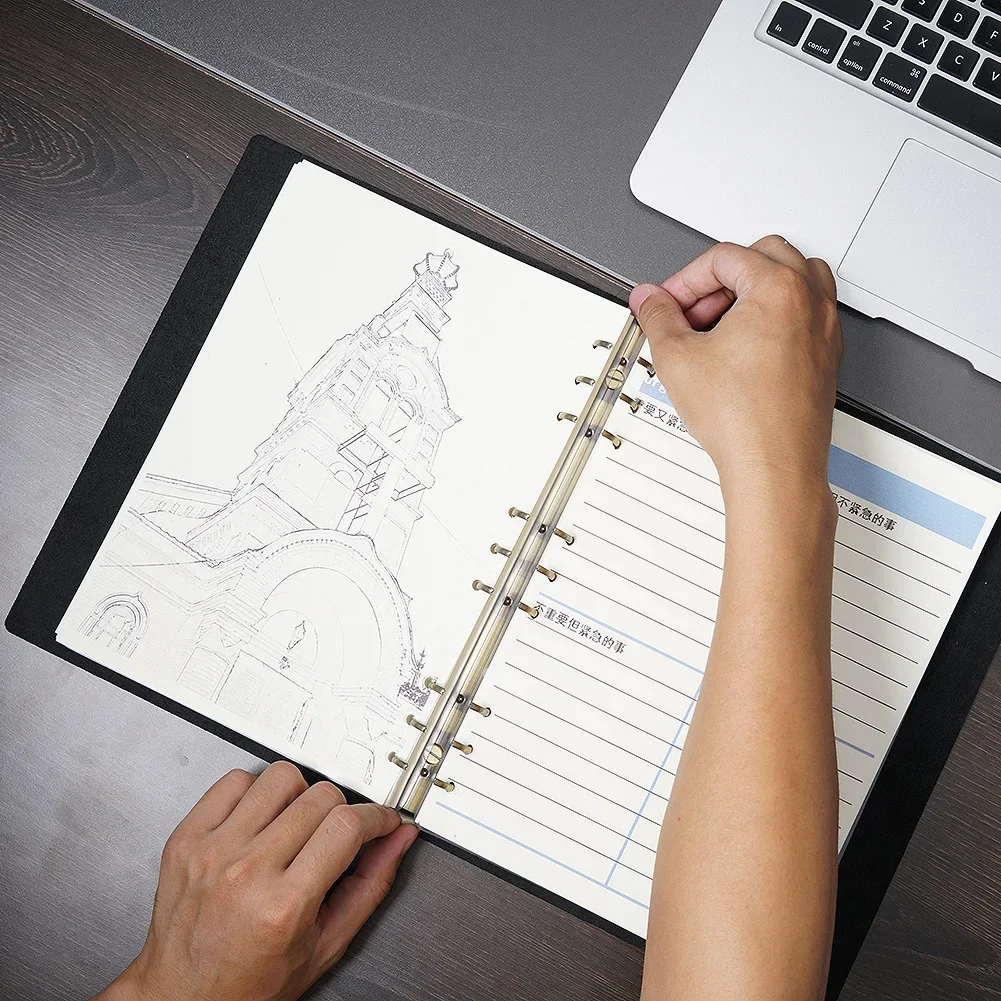 B5 Crazy Horse Leather 9-Hole Loose Leaf Notebook 120 Sheets Refillable Ring Binder Journal Kraft Paper Diary for Travel Writing