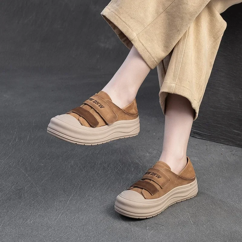 Birkuir ريترو مختلط الألوان حذاء مسطح للنساء هوك حلقة أحذية رياضية كاجوال أحذية 2025 جلد طبيعي كعب سميك مبركن المعاول