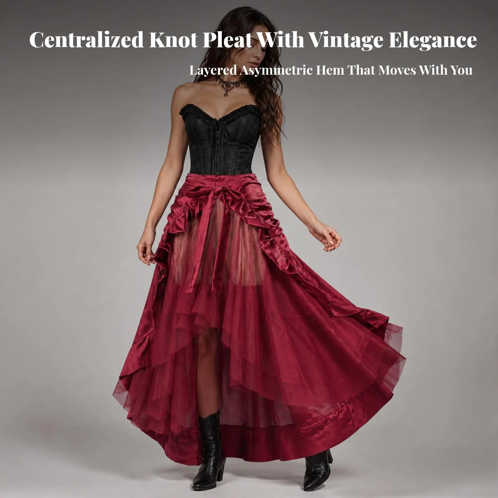 Asymmetrical Hem Women Pirate Skirt Layered Construction High Waist Ribbon Bow Midi Skirt Soft Polyester Vintage Casual Dance