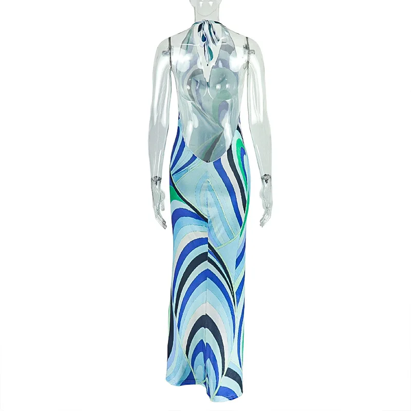 Color Patchwork Lace Up Halter Backless Bodycon Maxi Party Dress Women Sexy Swinging Collar Sleeveless Slim Holiday Long Robe