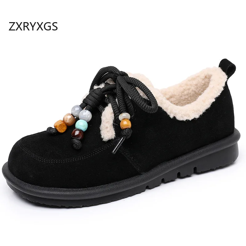 

ZXRYXGS New Top Layer Cow Suede Lace Up Beads Women Fashion Flats Comfortable Warm Snow Shoes 2025 Big Size Winter Cotton Shoes