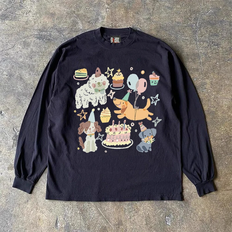 ピュアコットン長袖tシャツ-300g-ヘビーウェイト-楽しい誕生日プリント-ルーズフィット-多用途-スモールチェンストーリー-マルチtシャツ