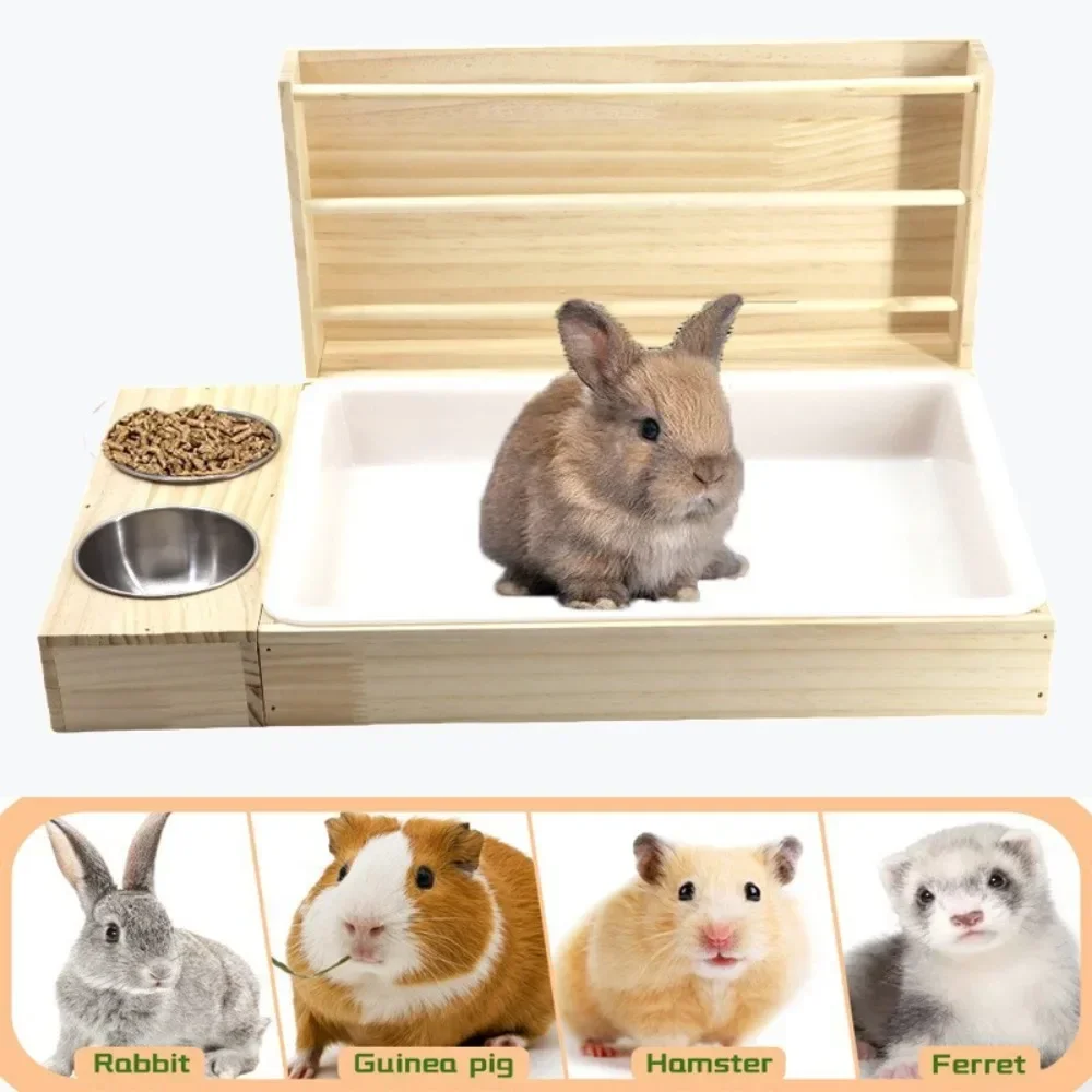 Wooden Rabbit Hay Feeder Litter Box Combo, Stainless Steel Bowls, Small Pet Feeding Station for Guinea Pig Hamster Ferret