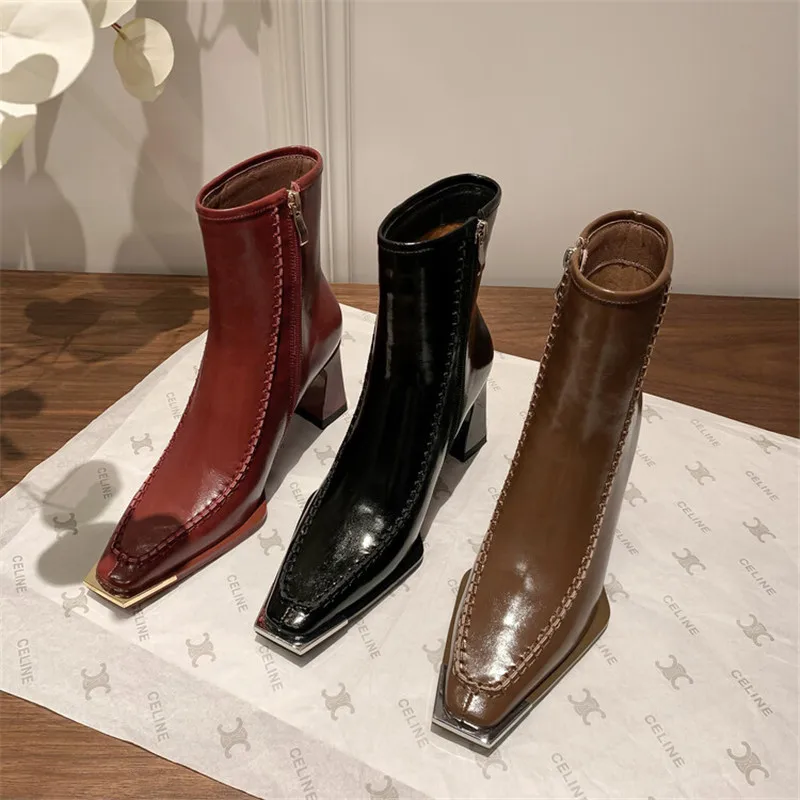 New Autumn Split Leather Knight Boots Square Toe Chunky Heel Boots for Women Winter Short Boots Concise Women Boots High Heels