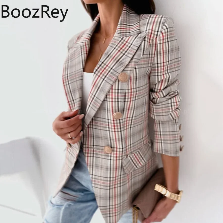 BoozRey 여성용 격자 무늬 블레이저 재킷 정장, 긴팔 캐주얼 슬림 블레이저 재킷, 카키색 코트, 우아한 오피스 코트