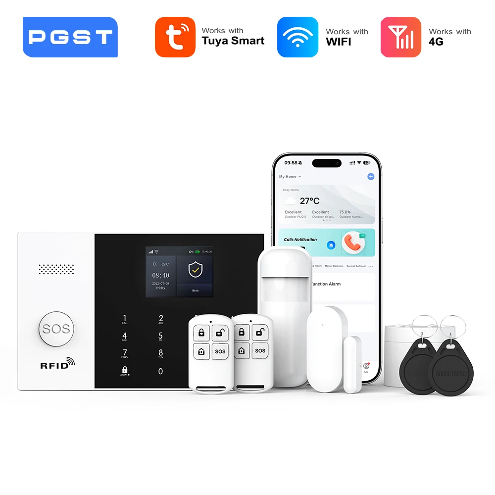 

PGST 105 4G Wireless Home Alarms System,Wireless WiFi Home Security System with Door & Motion Sensor App control work with ALexa