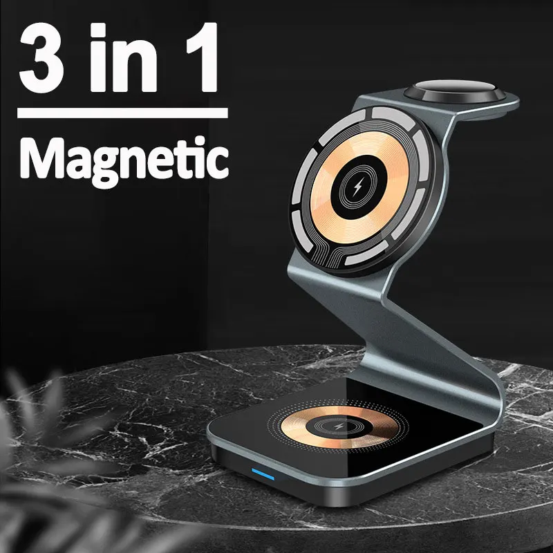 3 in 1 Transparent Magnetic Wireless Charger Stand For iPhone 15 14 13 12 Apple Watch 8 7 AirPods Fast Wireless Charging Station