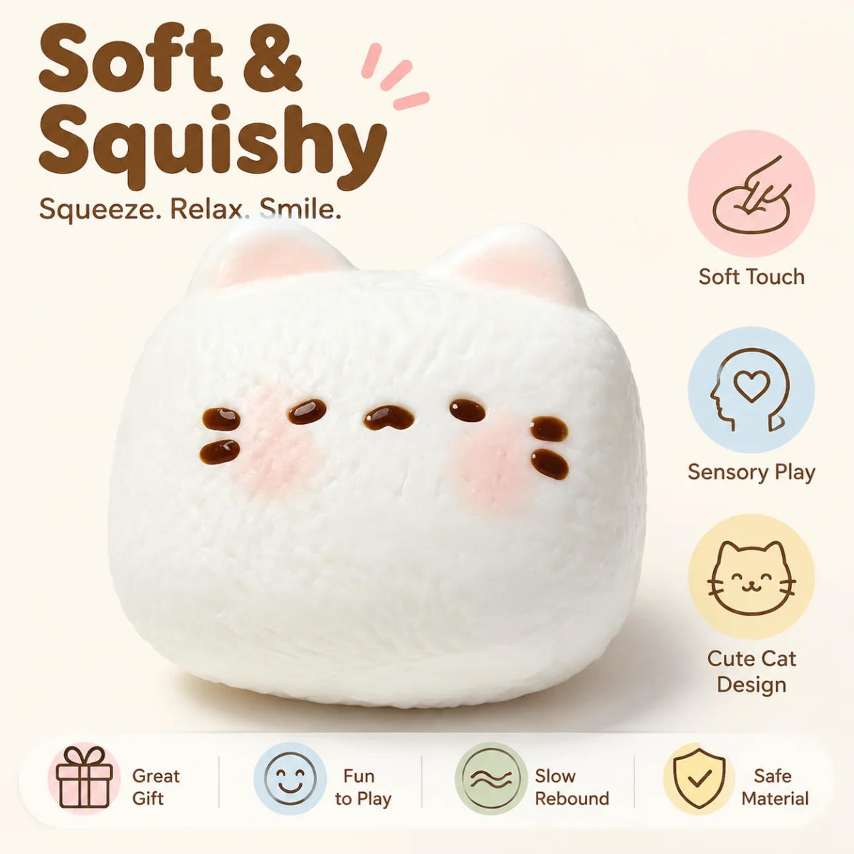 White Onigiri Cat Shaped Squeeze Toy Food‑Grade Silicone Cartoon Kitty Rice Ball Squishy Toy Anti Stress Fidget Sensory Toy