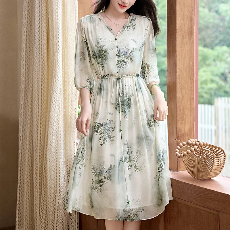 100% Real Silk Elegant Fashion Dresses for Women 2026 Summer V-neck Holiday Style Butterfly Print Women's Long Dress A-line