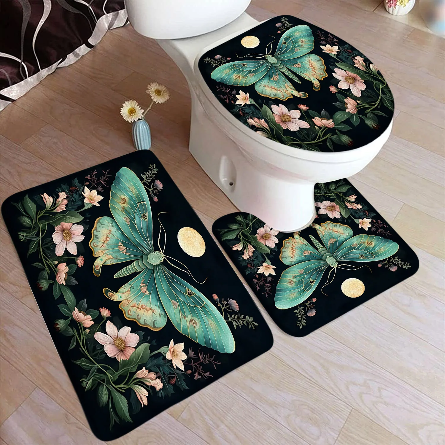 

Набор ковриков для ванной с цветочным узором «Мот» Розовое цветочное растение Полная луна Черный домашний ковер Декор для ванной комнаты Коврики для пола U-образный коврик Крышка крышки унитаза