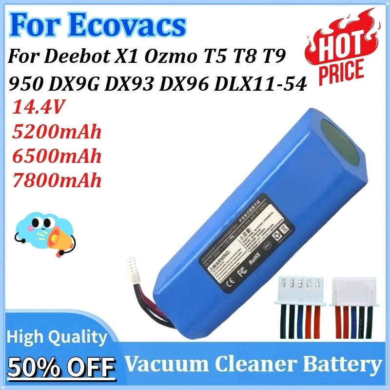 

New 14.4V 7800mAh Robot Vacuum Cleaner Replacement Battery for Ecovacs Deebot X1 Ozmo T5 T8 T9 950 DX9G DX93 DX96 DLX11-54