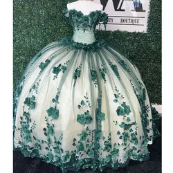 Green Quinceanera Dresses Ball Gown Off The Shoulder Tulle Appliques Pearls Puffy Mexican Sweet 16 Dresses 15 Anos Customized