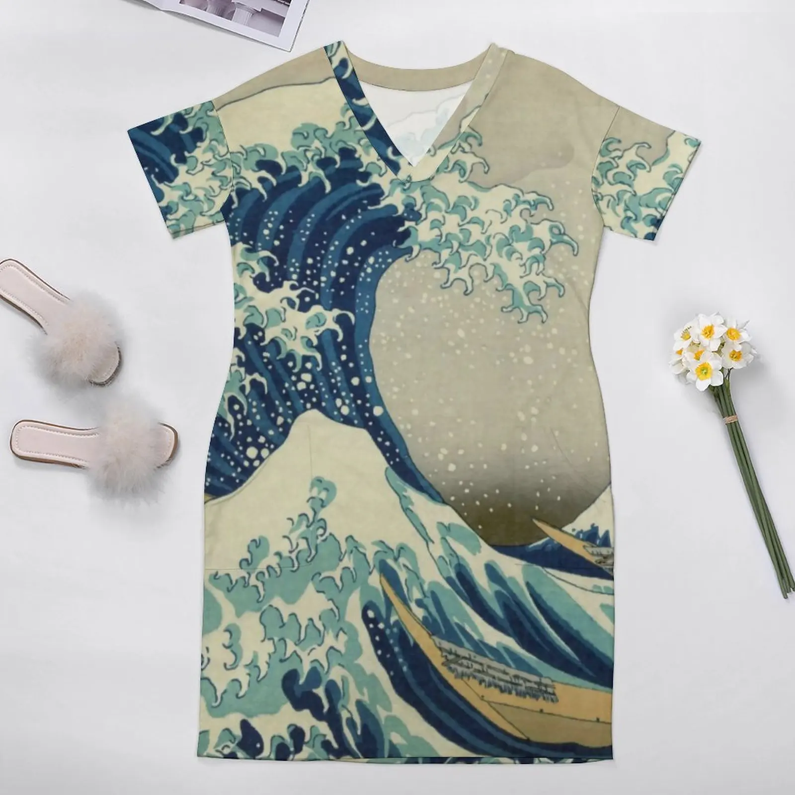 Mountains Casual Dress Summer The Great Wave Off Kanagawa Cute Dresses Female V Neck Graphic Street Fashion Dress Plus Size 5XL