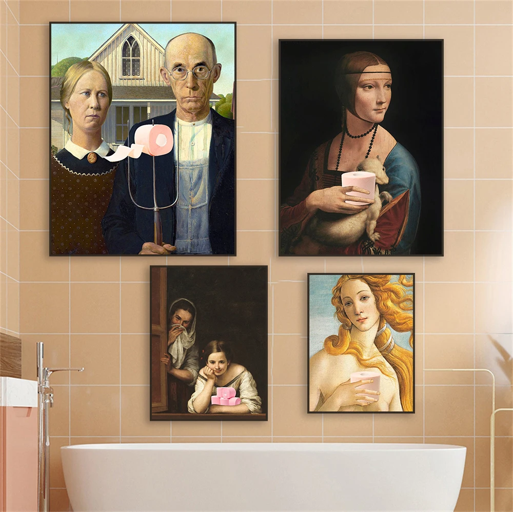 American Gothic Toilet Wall Art Posters Funny Venus With Toilet Paper Canvas Painting Altered Renaissance Art Print Toilet Decor