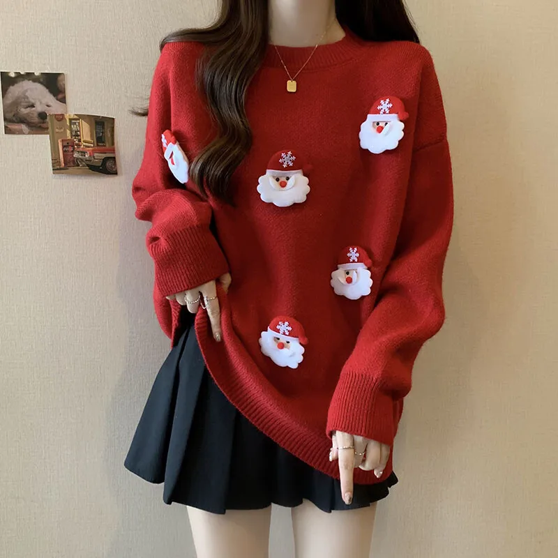 Y2K Sweet Girls Kawaii Santa 3D Applique Crew Neck Sweater for Women Soft Knit Jumper Christmas Party Aesthetic Long Sleeve Top