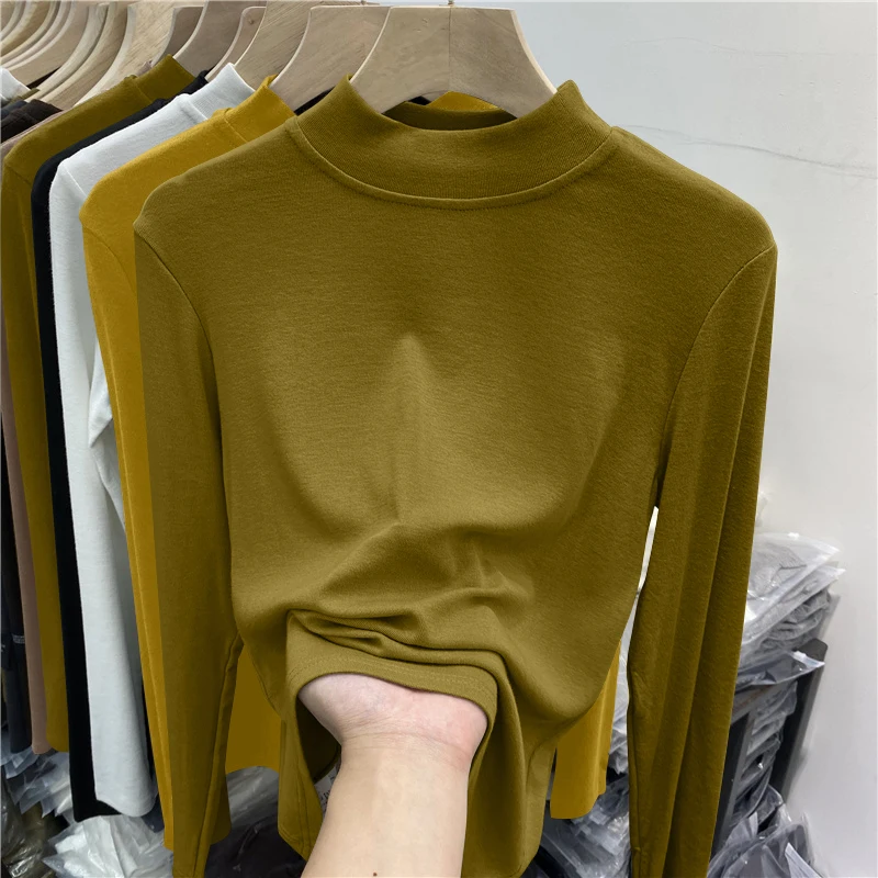 슬림 핏 롱 슬리브 미드넥 티셔츠 여성용 봄 가을 신상 얇은 엘레 리브드 디자인 심플한 단색 탑